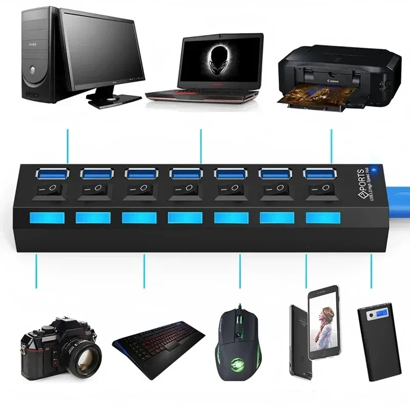 Hub USB 2.0 à 7 ports avec LED et interrupteur, répartiteur haute vitesse 5 Gbps avec adaptateur d'alimentation, pour ordinateur portable et usage domestique 4