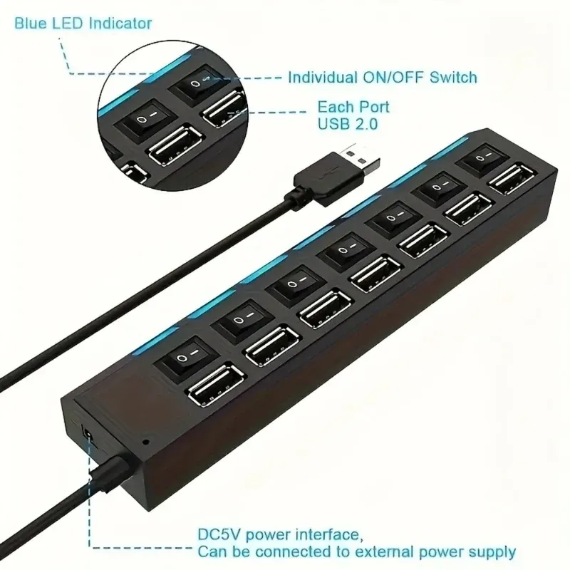 Hub USB 2.0 à 7 ports avec LED et interrupteur, répartiteur haute vitesse 5 Gbps avec adaptateur d'alimentation, pour ordinateur portable et usage domestique 5