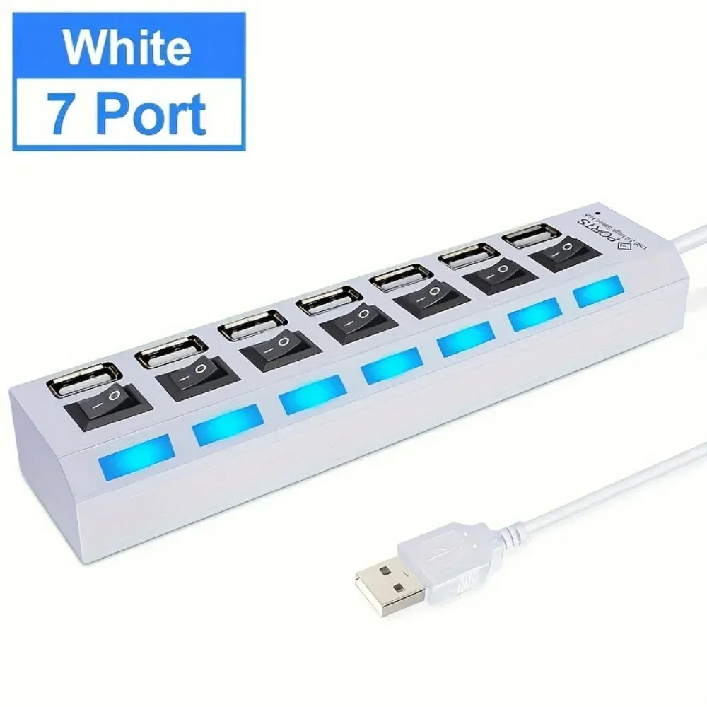 Hub USB 2.0 à 7 ports avec LED et interrupteur, répartiteur haute vitesse 5 Gbps avec adaptateur d'alimentation, pour ordinateur portable et usage domestique 7