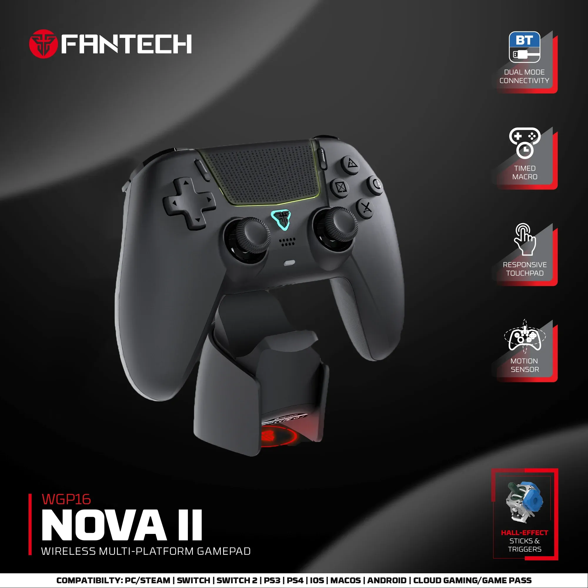 Manette sans fil FANTECH NOVA II WGP16 à joysticks et gâchettes à effet Hall, haut-parleur intégré, compatible PS4 et NS2