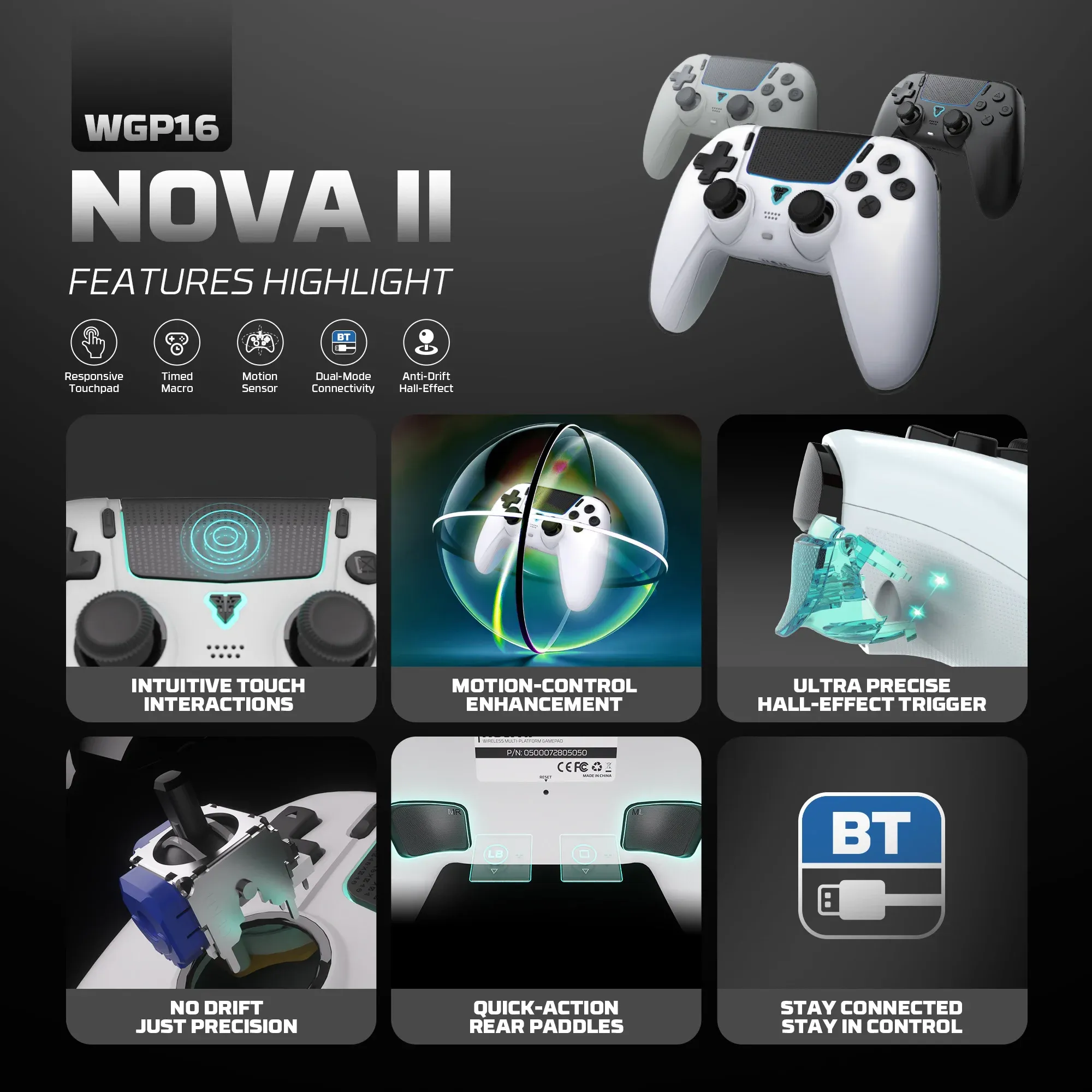 Manette sans fil FANTECH NOVA II WGP16 à joysticks et gâchettes à effet Hall, haut-parleur intégré, compatible PS4 et NS2 2