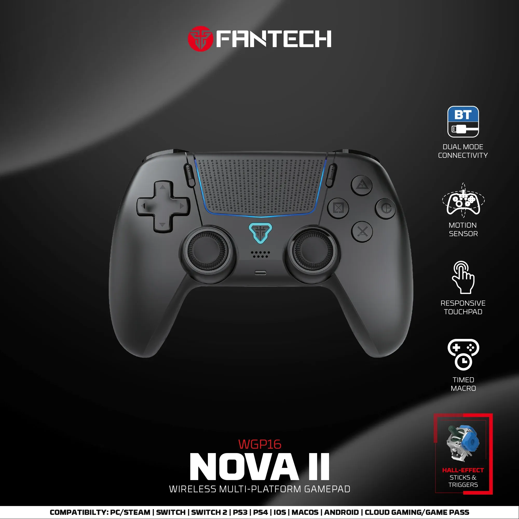 Manette sans fil FANTECH NOVA II WGP16 à joysticks et gâchettes à effet Hall, haut-parleur intégré, compatible PS4 et NS2 8