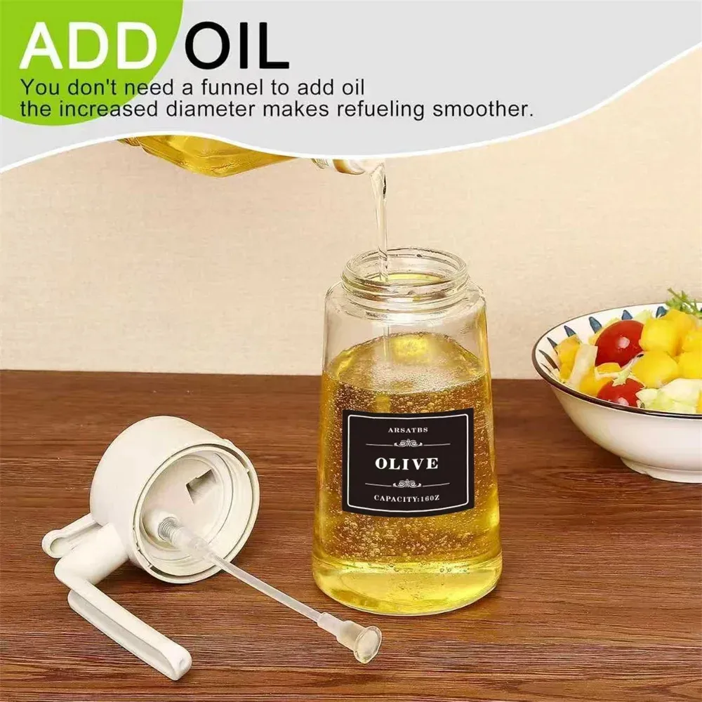 Pulvérisateur et distributeur d'huile 2 en 1 en verre pour la cuisine, 470 ml, avec autocollants 5