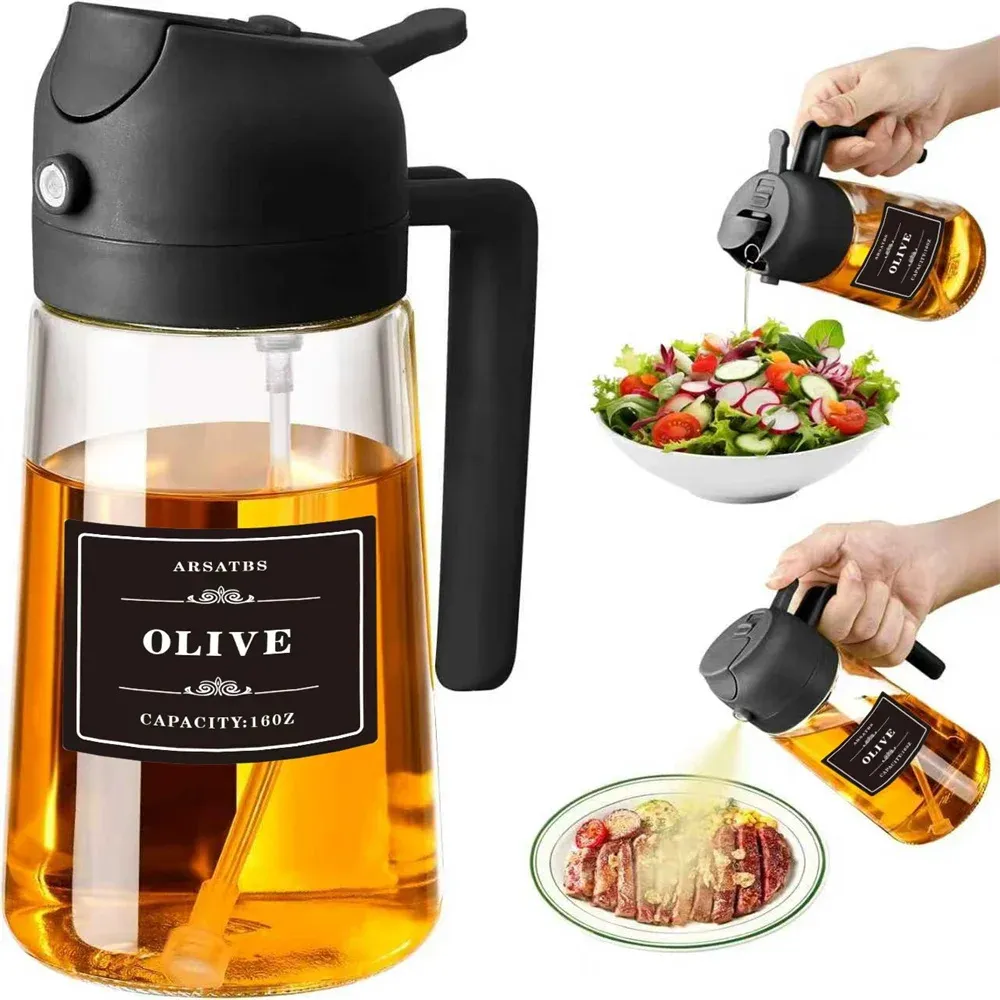 Pulvérisateur et distributeur d'huile 2 en 1 en verre pour la cuisine, 470 ml, avec autocollants 9
