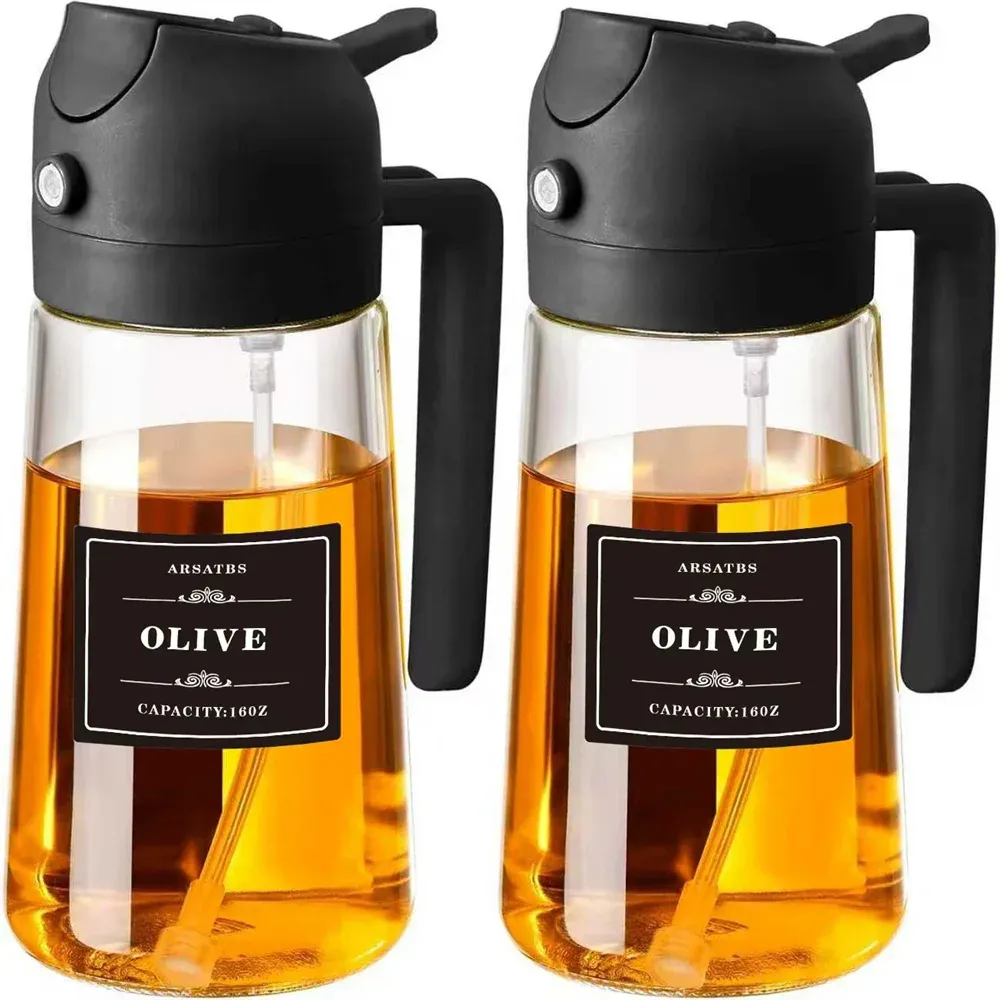 Pulvérisateur et distributeur d'huile 2 en 1 en verre pour la cuisine, 470 ml, avec autocollants 8