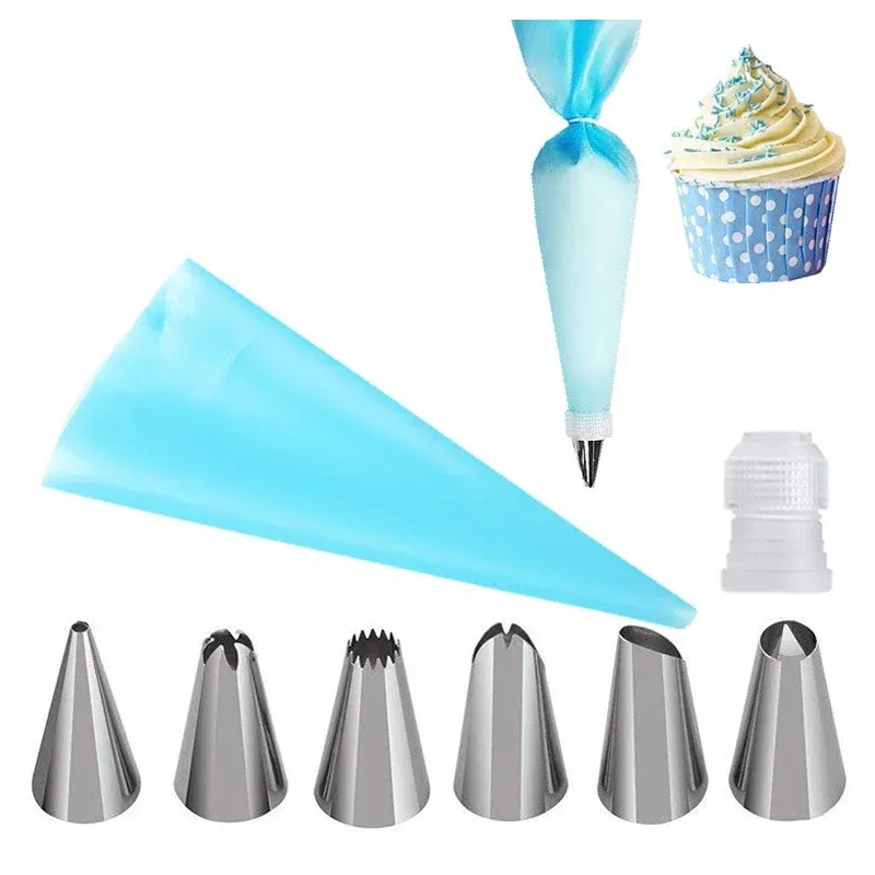 Ensemble de 8 accessoires de pâtisserie en silicone : poche à douille réutilisable et 6 douilles en acier inoxydable pour la décoration de gâteaux