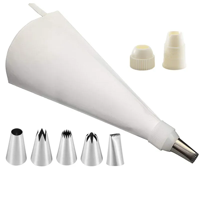 Ensemble de 8 accessoires de pâtisserie en silicone : poche à douille réutilisable et 6 douilles en acier inoxydable pour la décoration de gâteaux 8