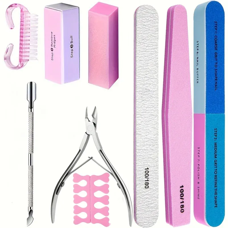 Kit de manucure professionnel 10/15 pièces : limes à ongles 100/180 grains, polissoir, pince à cuticules, ciseaux et repousse-cuticules 2