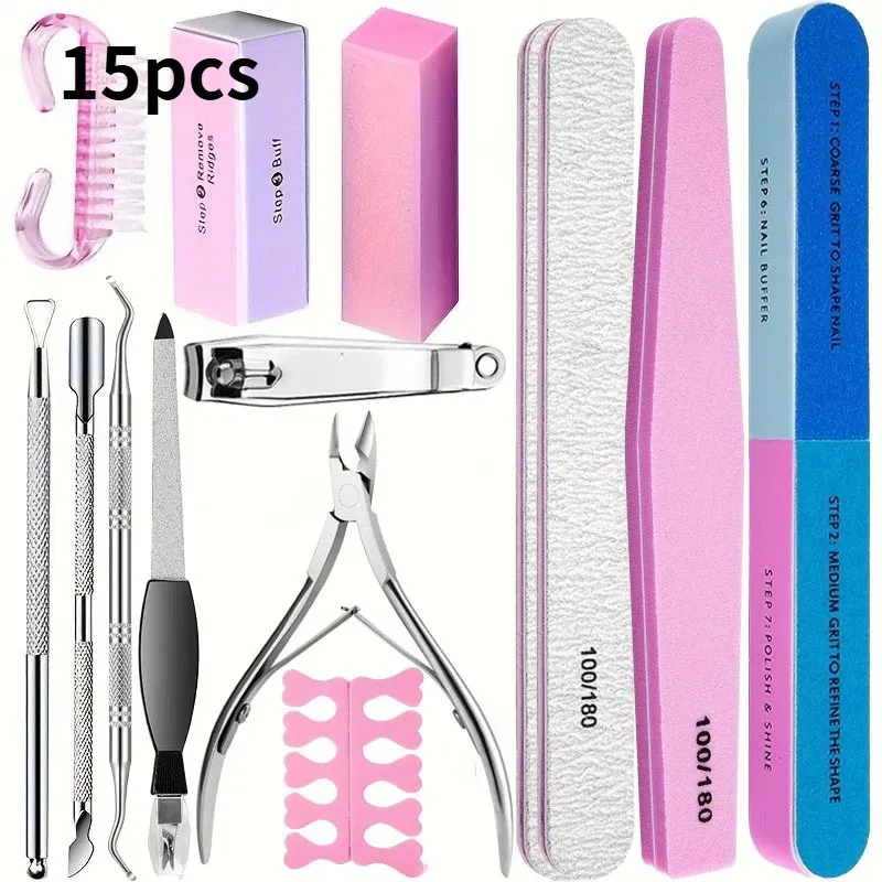 Kit de manucure professionnel 10/15 pièces : limes à ongles 100/180 grains, polissoir, pince à cuticules, ciseaux et repousse-cuticules