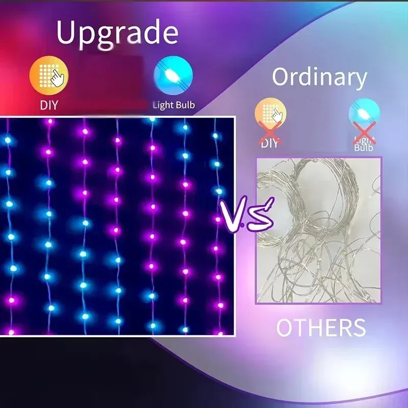 Rideau lumineux LED intelligent RGB, contrôlable par application, à intensité réglable, avec motifs DIY et synchronisation musicale. Éclairage d'ambiance pour la maison et les fêtes de Noël 3