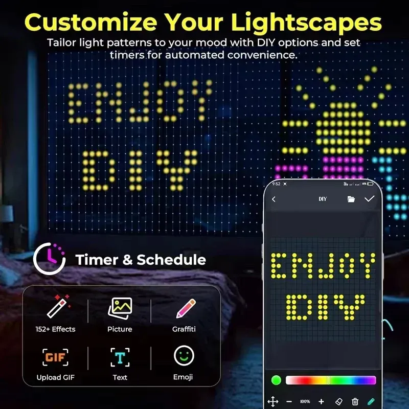 Rideau lumineux LED intelligent RGB, contrôlable par application, à intensité réglable, avec motifs DIY et synchronisation musicale. Éclairage d'ambiance pour la maison et les fêtes de Noël 4