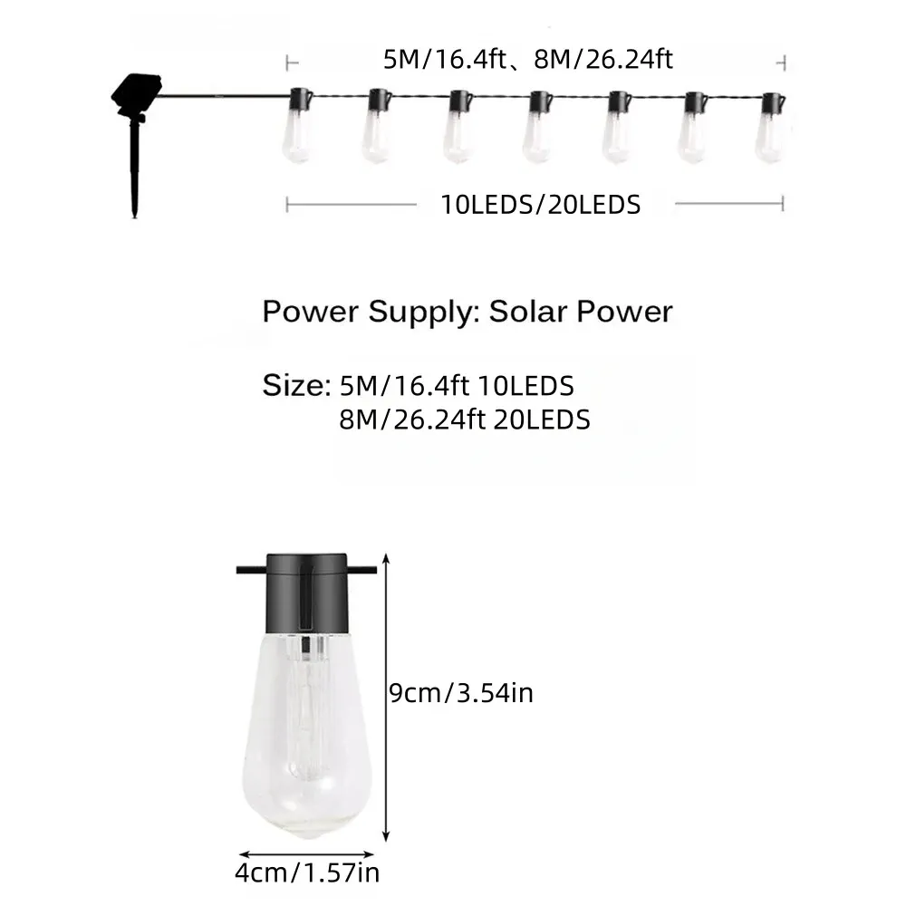 Guirlande lumineuse solaire à ampoules rétro, éclairage d'extérieur étanche pour jardin et terrasse 6