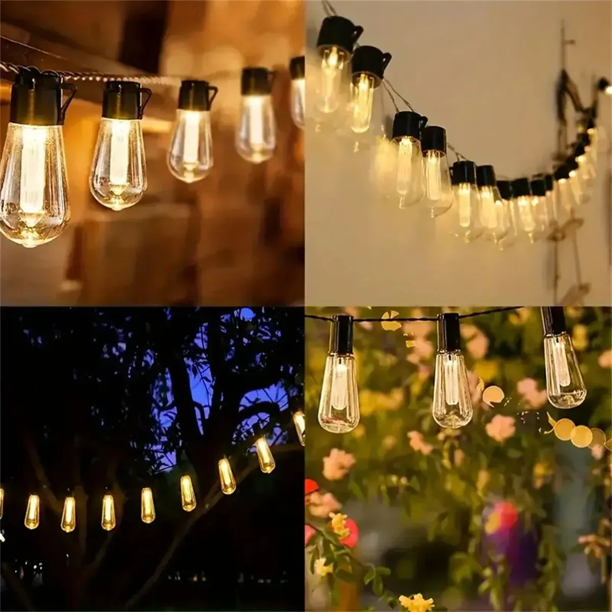 Guirlande lumineuse solaire à ampoules rétro éclairant une terrasse le soir