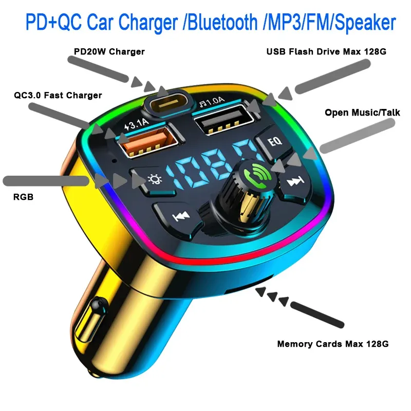 Transmetteur FM Bluetooth 5.0 pour voiture avec double port USB 2.1A et charge rapide 6
