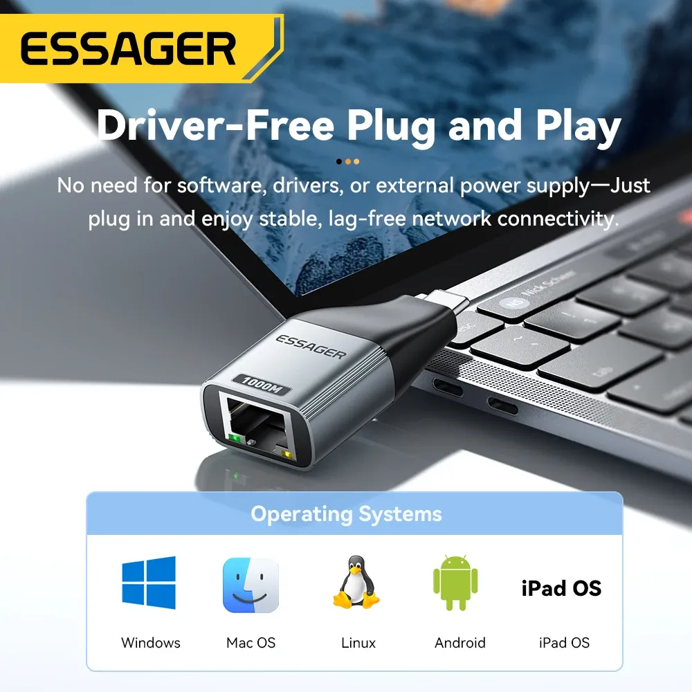 Adaptateur Essager USB-C vers Ethernet Gigabit 100/1000 Mbps RJ45 pour MacBook et ordinateur portable 2