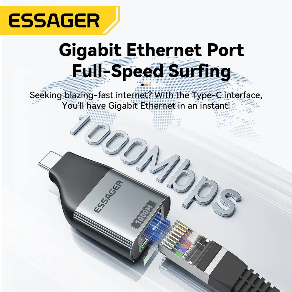 Adaptateur Essager USB-C vers Ethernet Gigabit 100/1000 Mbps RJ45 pour MacBook et ordinateur portable 1