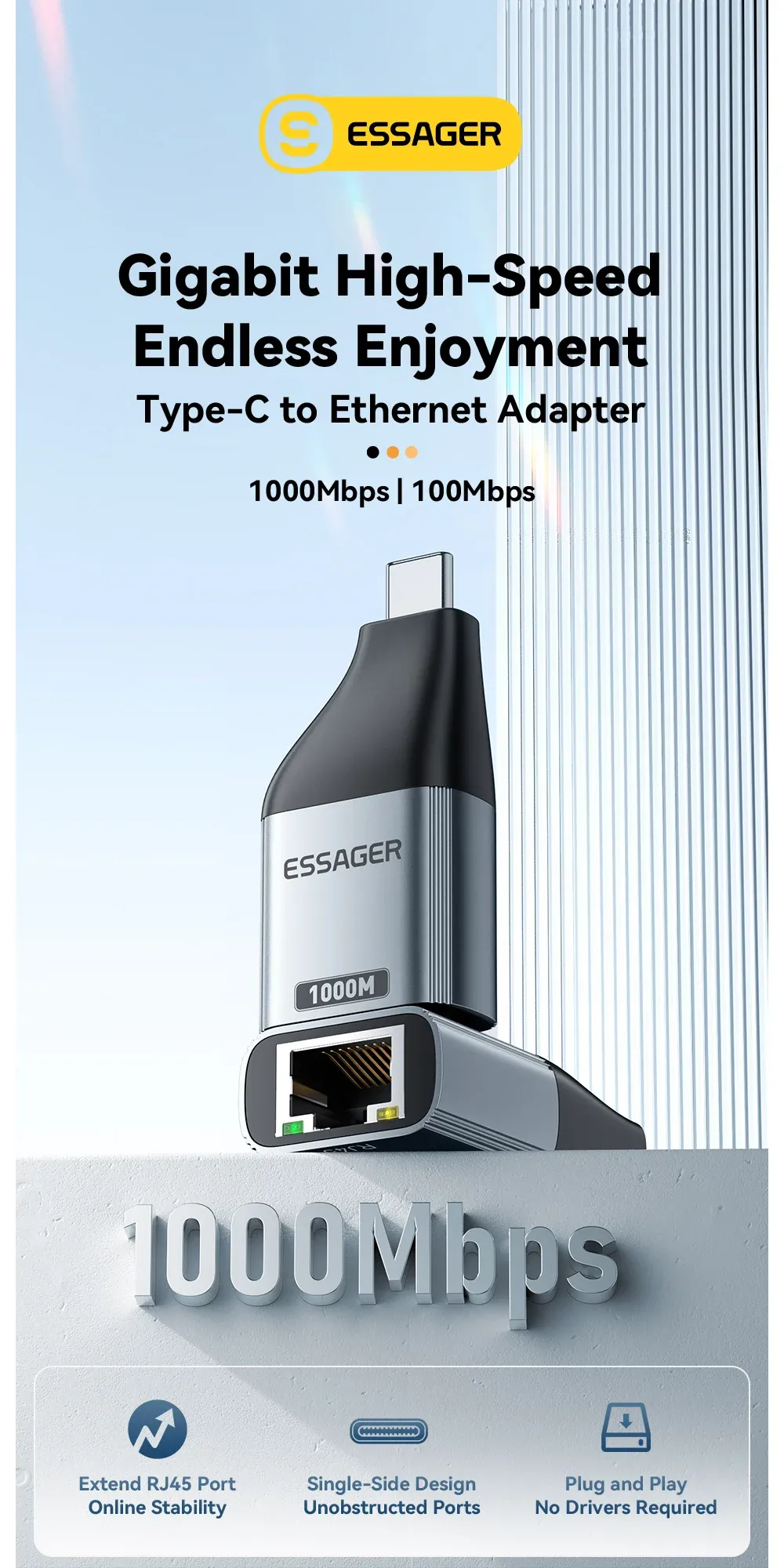 Adaptateur USB-C vers Ethernet ESSAGER, vue d'ensemble