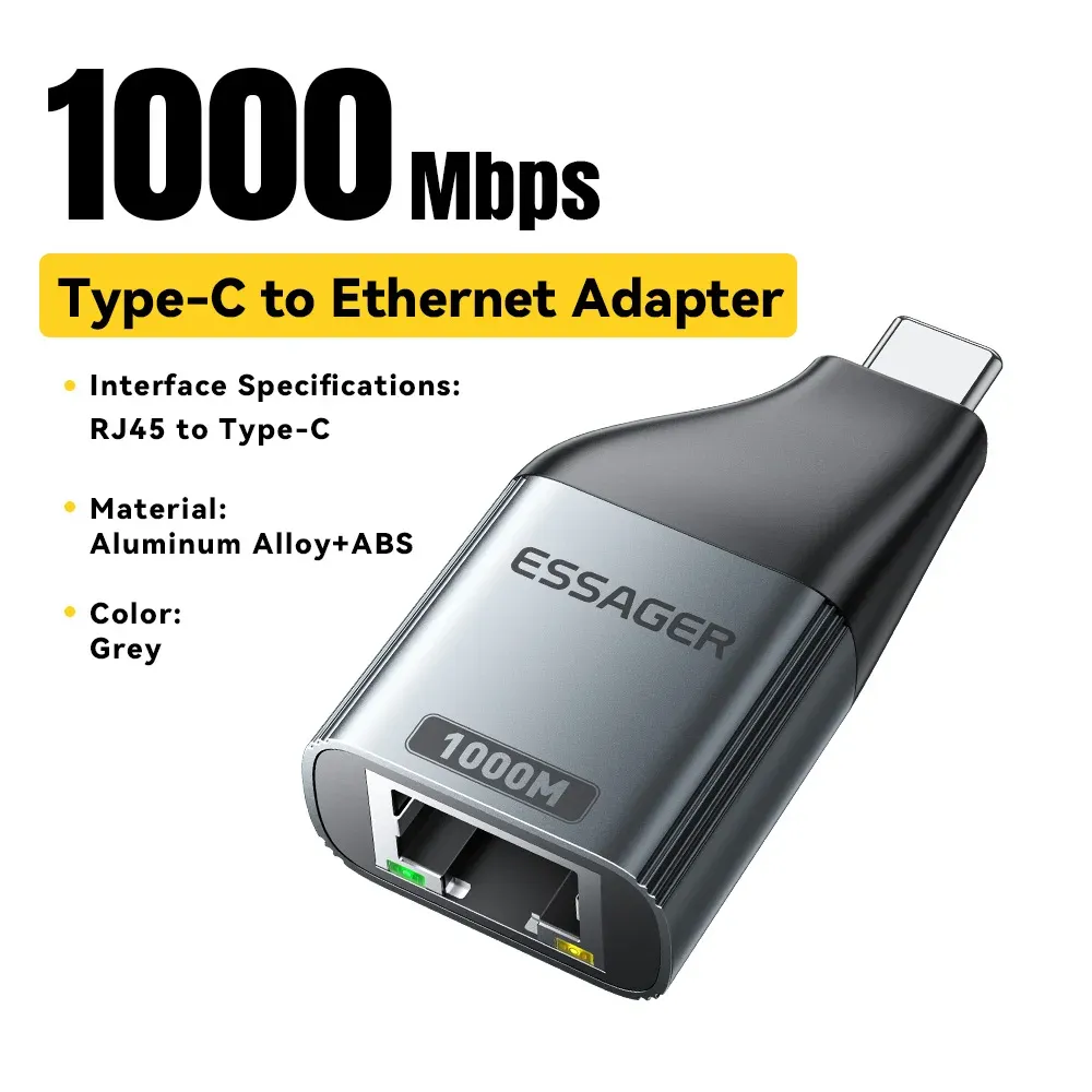 Adaptateur Essager USB-C vers Ethernet Gigabit 100/1000 Mbps RJ45 pour MacBook et ordinateur portable 7