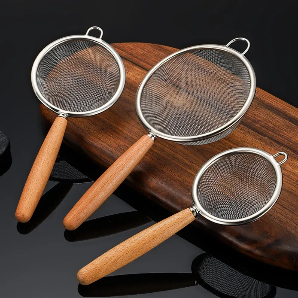 Passoire de cuisine en acier inoxydable à long manche en bois et crochets de suspension, tamis à mailles fines, lot de 1/3 pièces 1