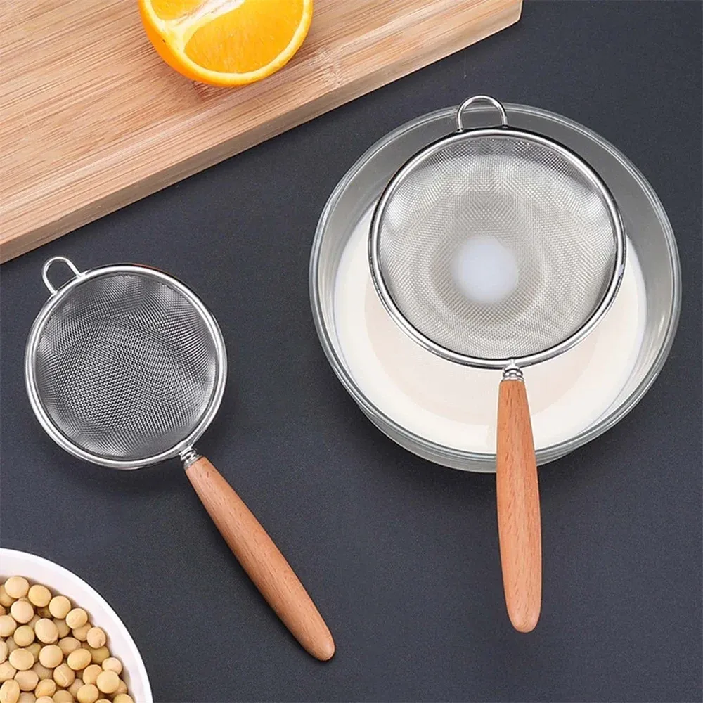 Passoire de cuisine en acier inoxydable à long manche en bois et crochets de suspension, tamis à mailles fines, lot de 1/3 pièces 3