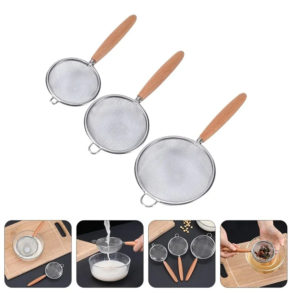 Passoire de cuisine en acier inoxydable à long manche en bois et crochets de suspension, tamis à mailles fines, lot de 1/3 pièces 2