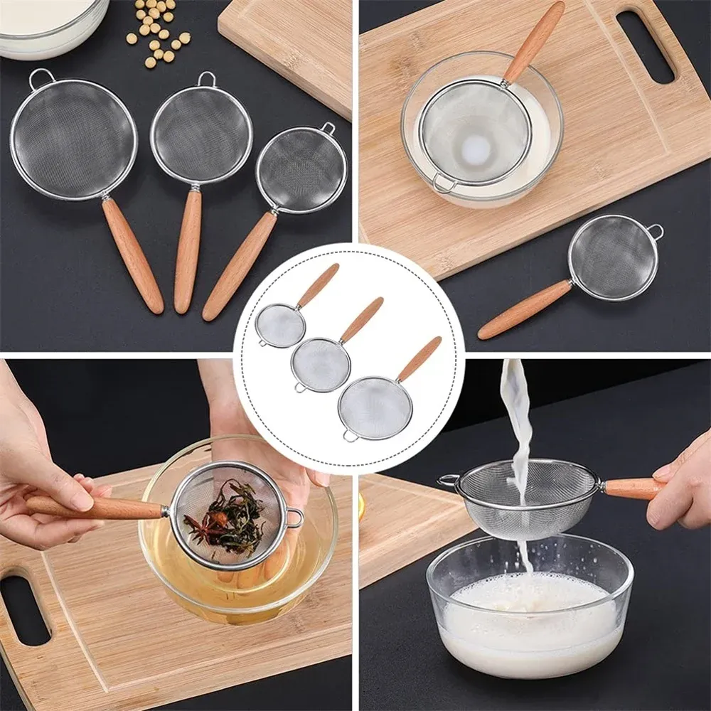Passoire de cuisine en acier inoxydable à long manche en bois et crochets de suspension, tamis à mailles fines, lot de 1/3 pièces 5