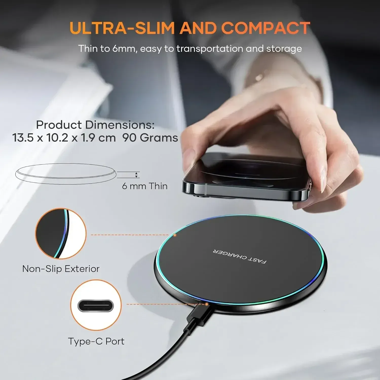 Support de chargeur sans fil LED de bureau 15 W, compatible iPhone, Samsung et Xiaomi 2