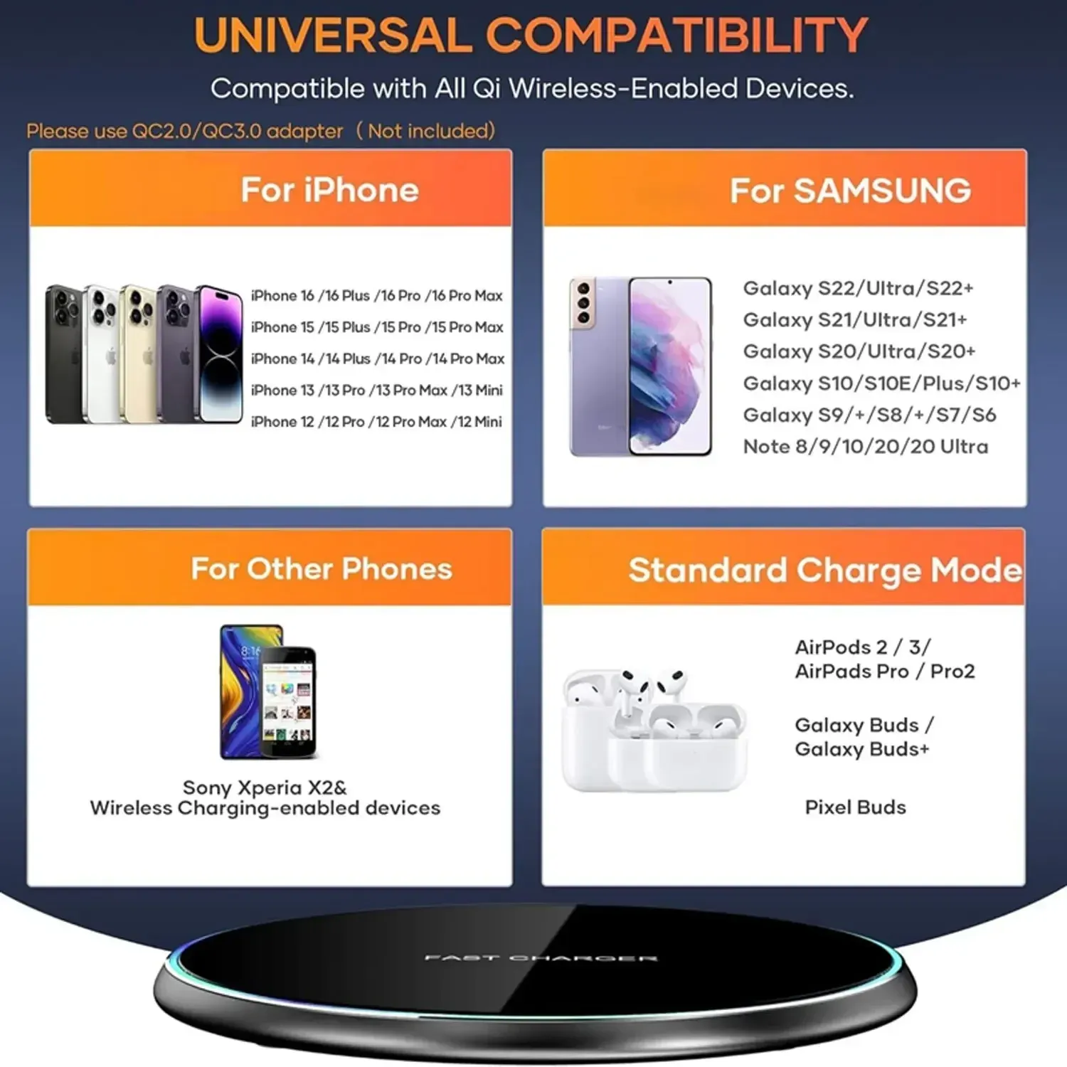 Support de chargeur sans fil LED de bureau 15 W, compatible iPhone, Samsung et Xiaomi 6