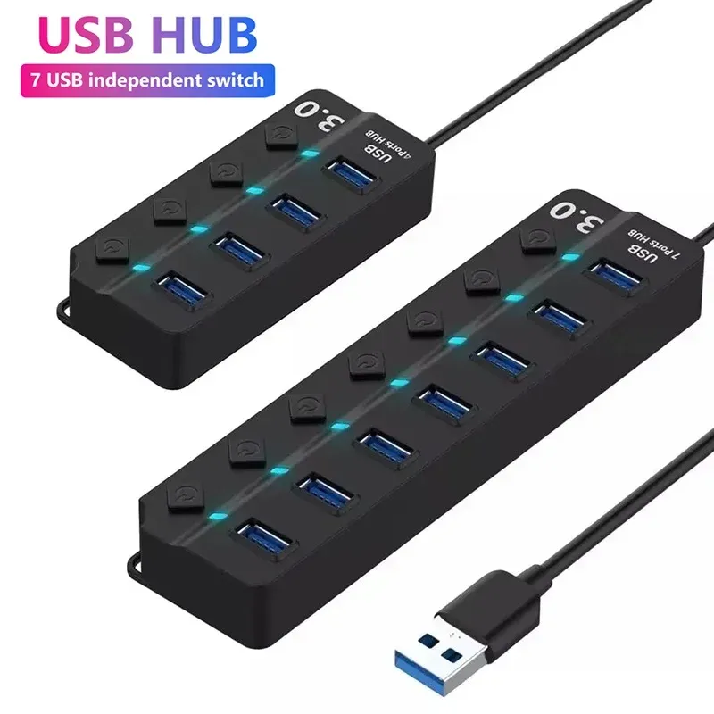 Hub USB 2.0 multiport haute vitesse avec interrupteur LED pour PC et ordinateur portable