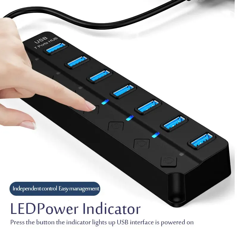 Hub USB 2.0 multiport haute vitesse avec interrupteur LED pour PC et ordinateur portable 3