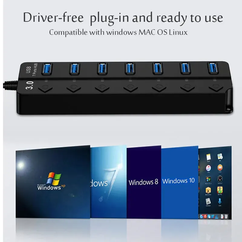 Hub USB 2.0 multiport haute vitesse avec interrupteur LED pour PC et ordinateur portable 5