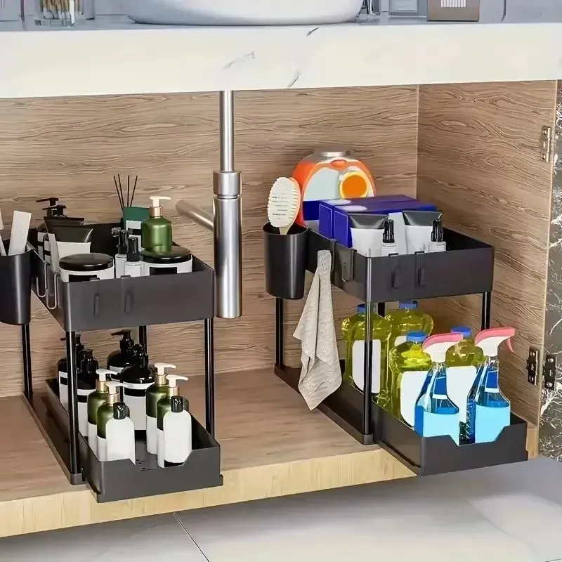 Organisateur à 2 niveaux pour sous l'évier, panier coulissant pour armoire avec crochets, support de rangement suspendu pour tasses, idéal pour la cuisine et la salle de bain, permettant d'économiser de l'espace. 2