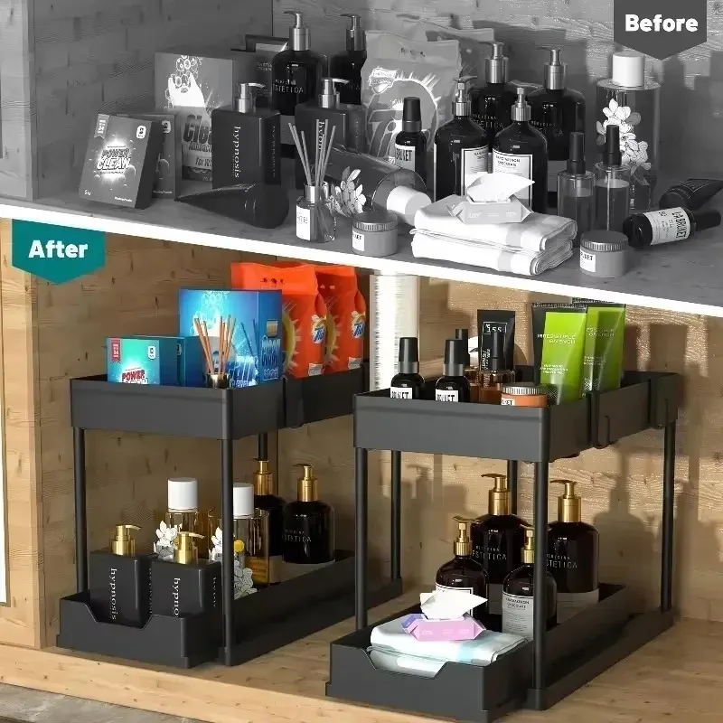 Organisateur à 2 niveaux pour sous l'évier, panier coulissant pour armoire avec crochets, support de rangement suspendu pour tasses, idéal pour la cuisine et la salle de bain, permettant d'économiser de l'espace. 3