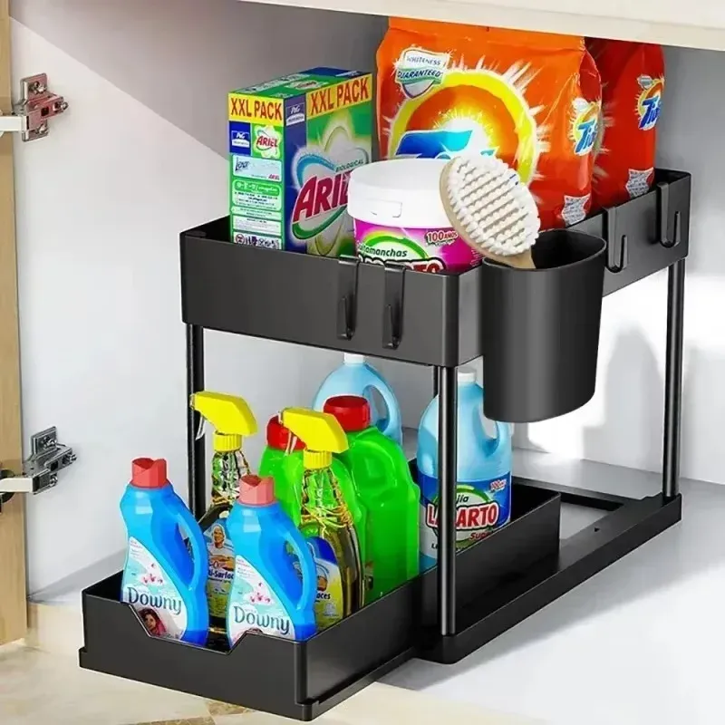 Organisateur à 2 niveaux pour sous l'évier, panier coulissant pour armoire avec crochets, support de rangement suspendu pour tasses, idéal pour la cuisine et la salle de bain, permettant d'économiser de l'espace. 4