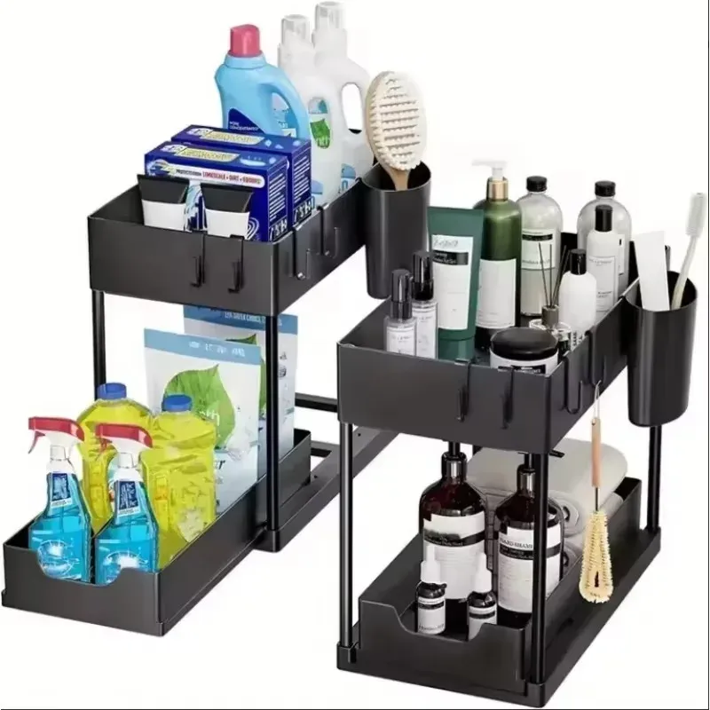 Organisateur à 2 niveaux pour sous l'évier, panier coulissant pour armoire avec crochets, support de rangement suspendu pour tasses, idéal pour la cuisine et la salle de bain, permettant d'économiser de l'espace. 5