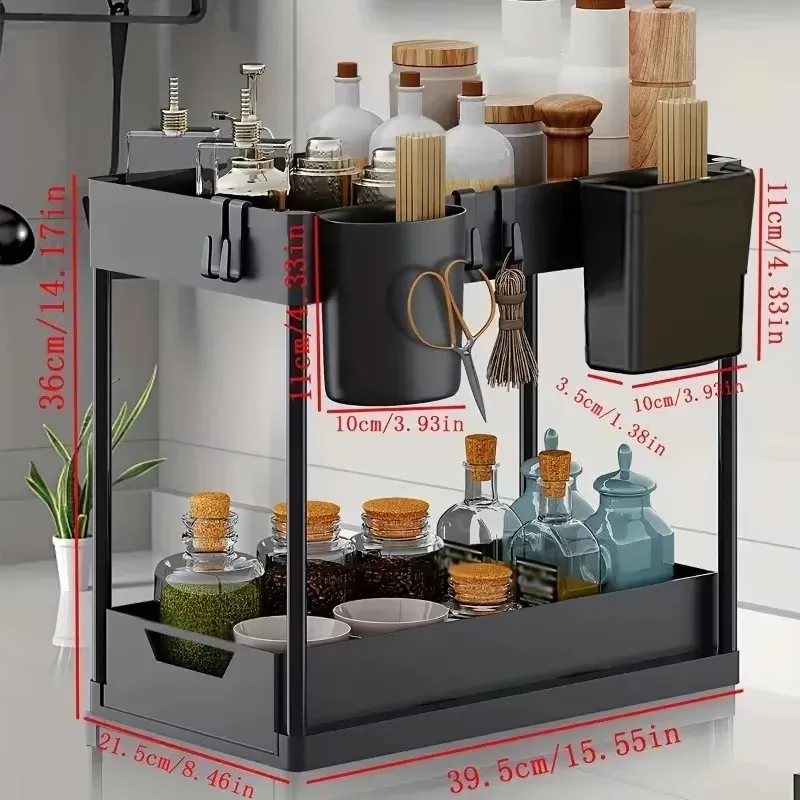Organisateur à 2 niveaux pour sous l'évier, panier coulissant pour armoire avec crochets, support de rangement suspendu pour tasses, idéal pour la cuisine et la salle de bain, permettant d'économiser de l'espace. 7