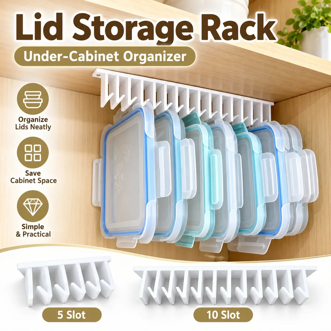 Organiseur de couvercles sous armoire pour contenants alimentaires, 5 à 10 emplacements, montage à vis, blanc - Image 1