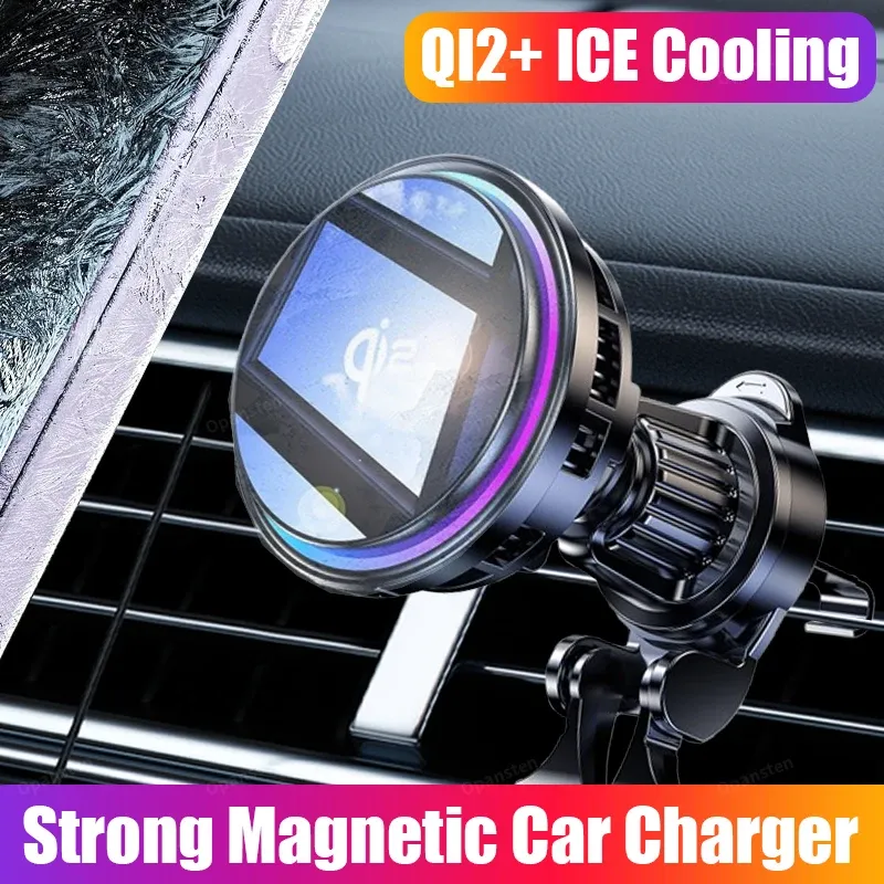 Support de téléphone magnétique sans fil Qi2 pour voiture avec refroidissement à glace, verre trempé RVB et charge rapide, compatible MagSafe pour iPhone 12 à 16