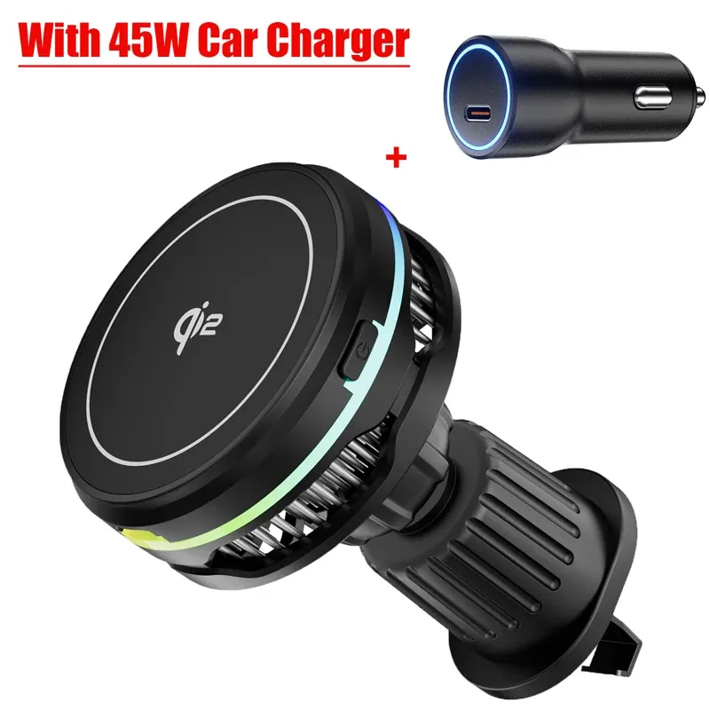 Support de téléphone magnétique sans fil Qi2 pour voiture avec refroidissement à glace, verre trempé RVB et charge rapide, compatible MagSafe pour iPhone 12 à 16 11