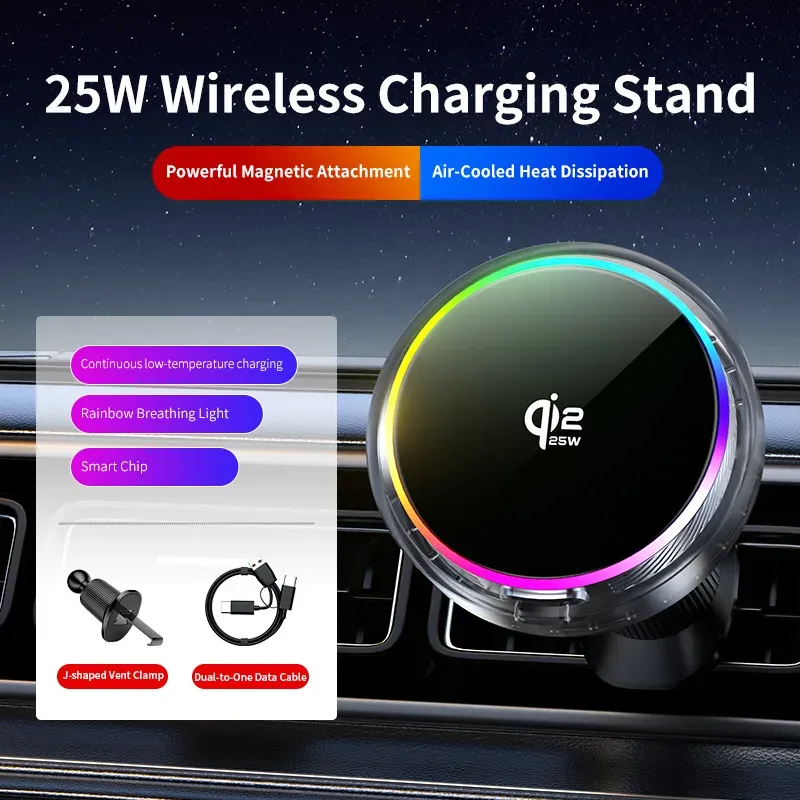 Support de téléphone magnétique sans fil Qi2 pour voiture avec refroidissement à glace, verre trempé RVB et charge rapide, compatible MagSafe pour iPhone 12 à 16 12