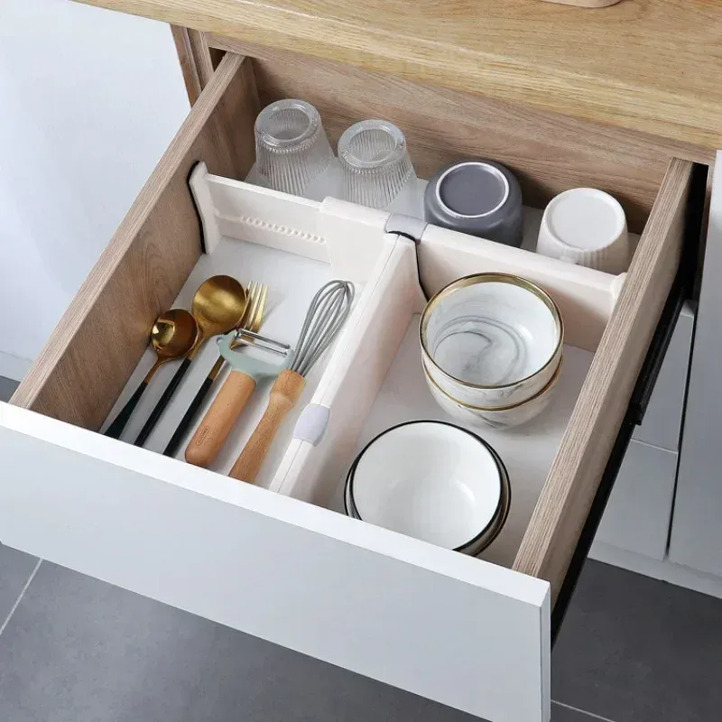 Organisateur de séparateurs de tiroirs, lot de 4, rangement réglable, cloison rétractable, organisateur de cuisine 2