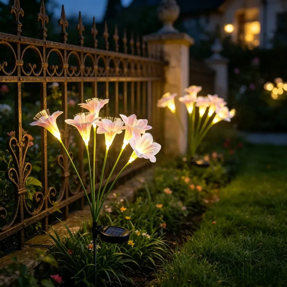 Lampes solaires à piquet en forme de lys à LED et fibres optiques pour la décoration de jardin extérieur 3