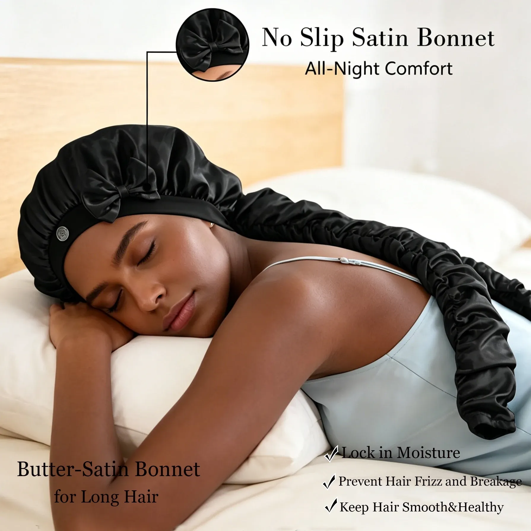 Bonnet de nuit en satin sans chaleur, antidérapant, avec longs rubans à nouer pour tresses et cheveux longs 3