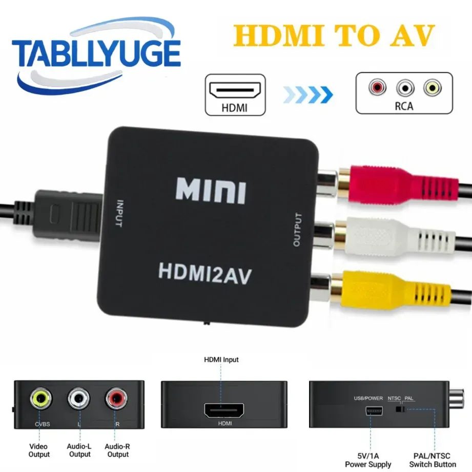 TABLLYUGE Convertisseur HDMI vers AV RCA 1080P avec câble USB, prise en charge NTSC et PAL, compatible PC, projecteur et téléviseur HDTV - Image 1
