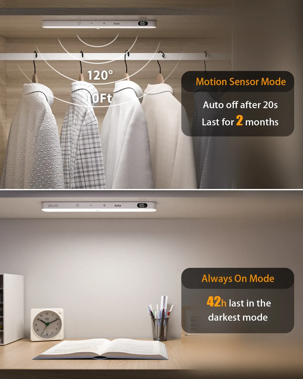 Lampe d'armoire rechargeable à 60 LED avec capteur de mouvement et écran d'affichage de la batterie, barre lumineuse tactile WILLED 3