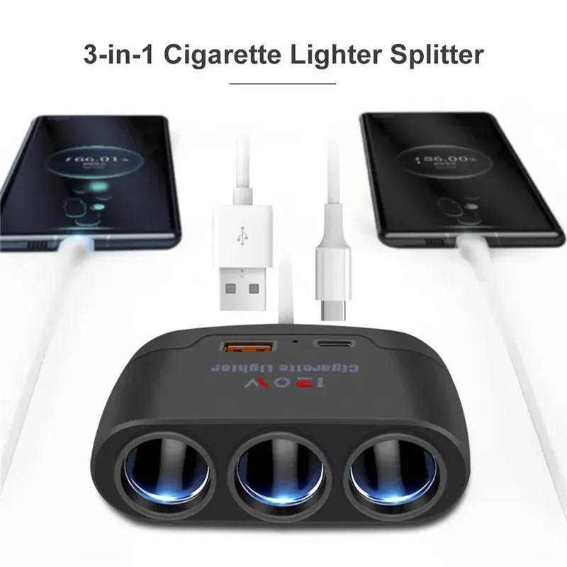 Adaptateur allume-cigare USB-C 3 en 1 pour voiture, chargeur rapide 120 W, compatible 12 V et 24 V 2