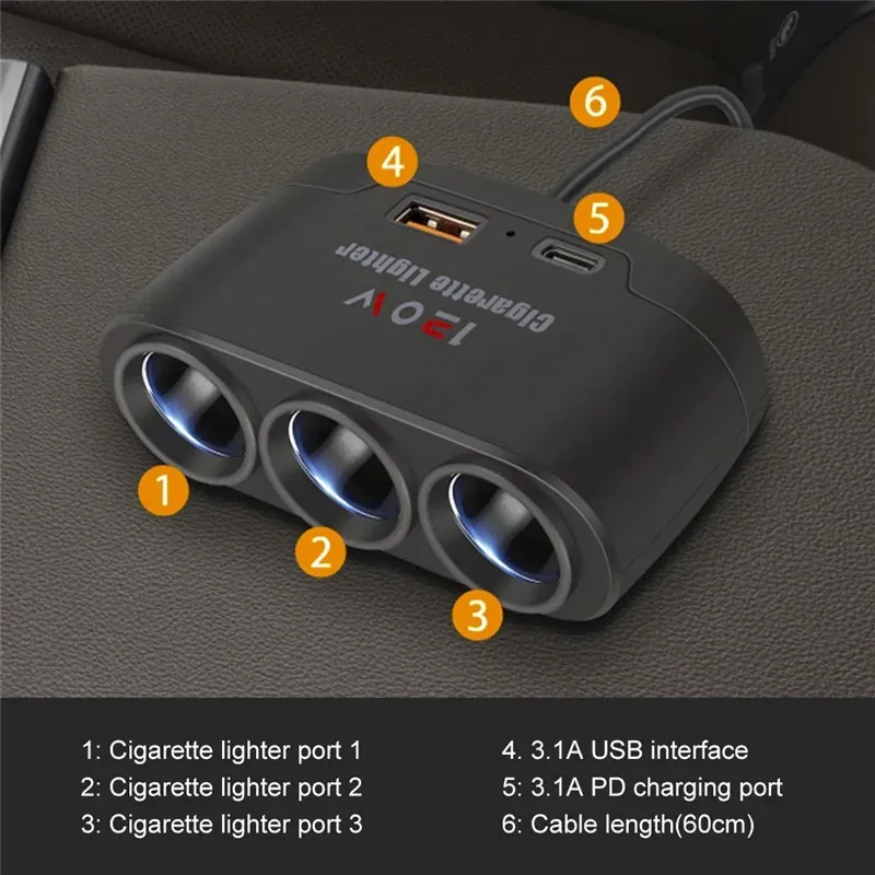 Adaptateur allume-cigare USB-C 3 en 1 pour voiture, chargeur rapide 120 W, compatible 12 V et 24 V 6