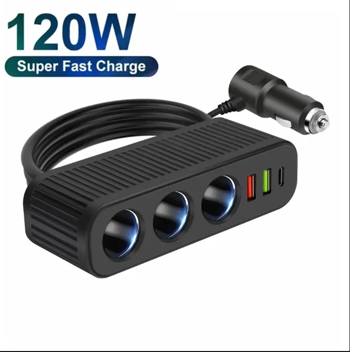 Adaptateur allume-cigare USB-C 3 en 1 pour voiture, chargeur rapide 120 W, compatible 12 V et 24 V 8