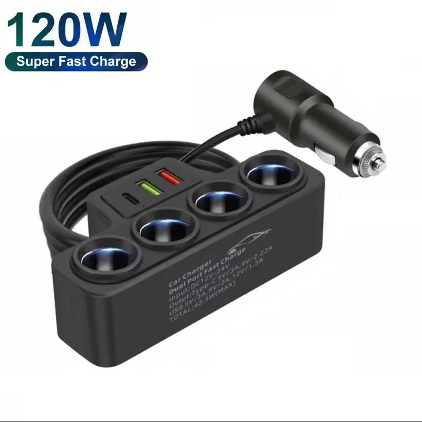 Adaptateur allume-cigare USB-C 3 en 1 pour voiture, chargeur rapide 120 W, compatible 12 V et 24 V 7