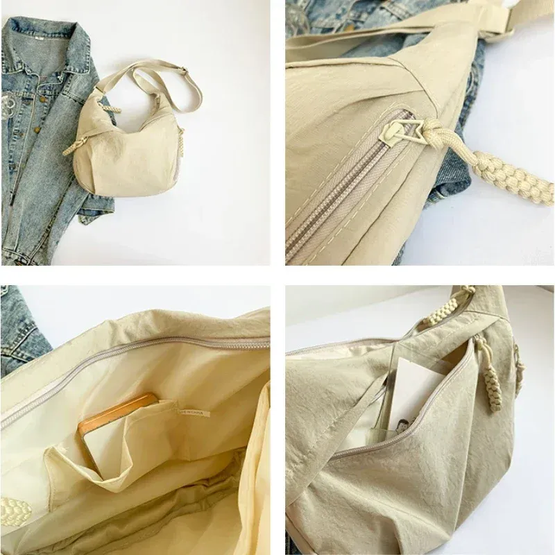 Sac à bandoulière en tissu doux pour femme, coloris uni, style étudiant décontracté 5